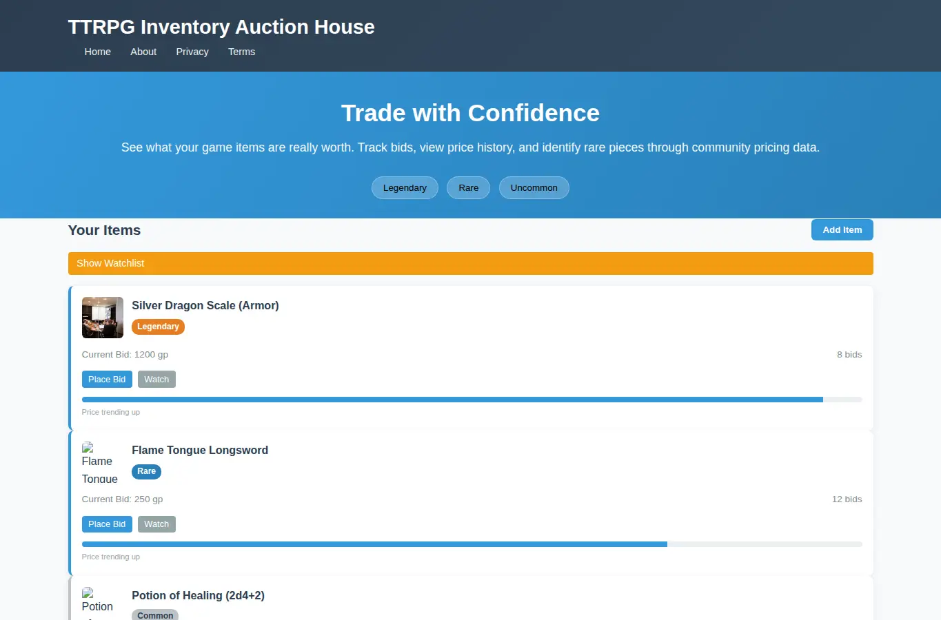 Screenshot of TTRPG Inventory Auction House interface showing the project page in use